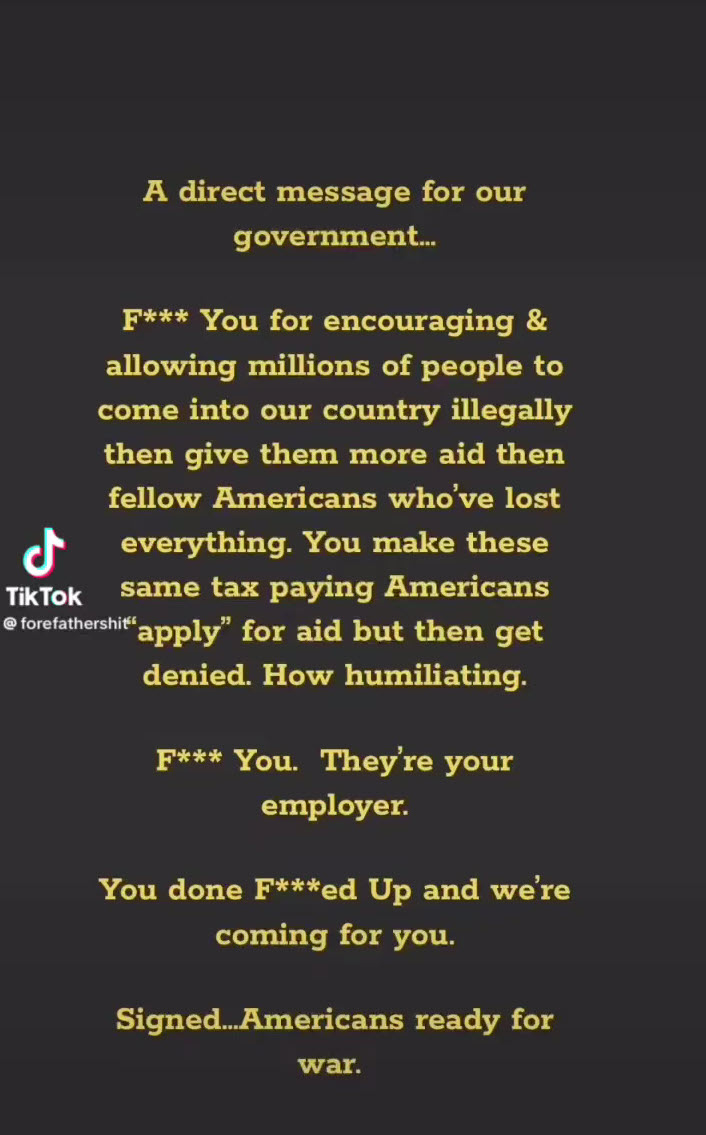 @forefathershit complains about immigrant aid in relation to FEMA