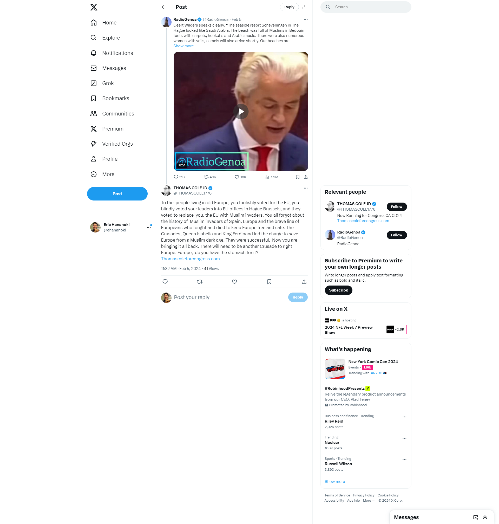 Thomas Cole Islamophobic post