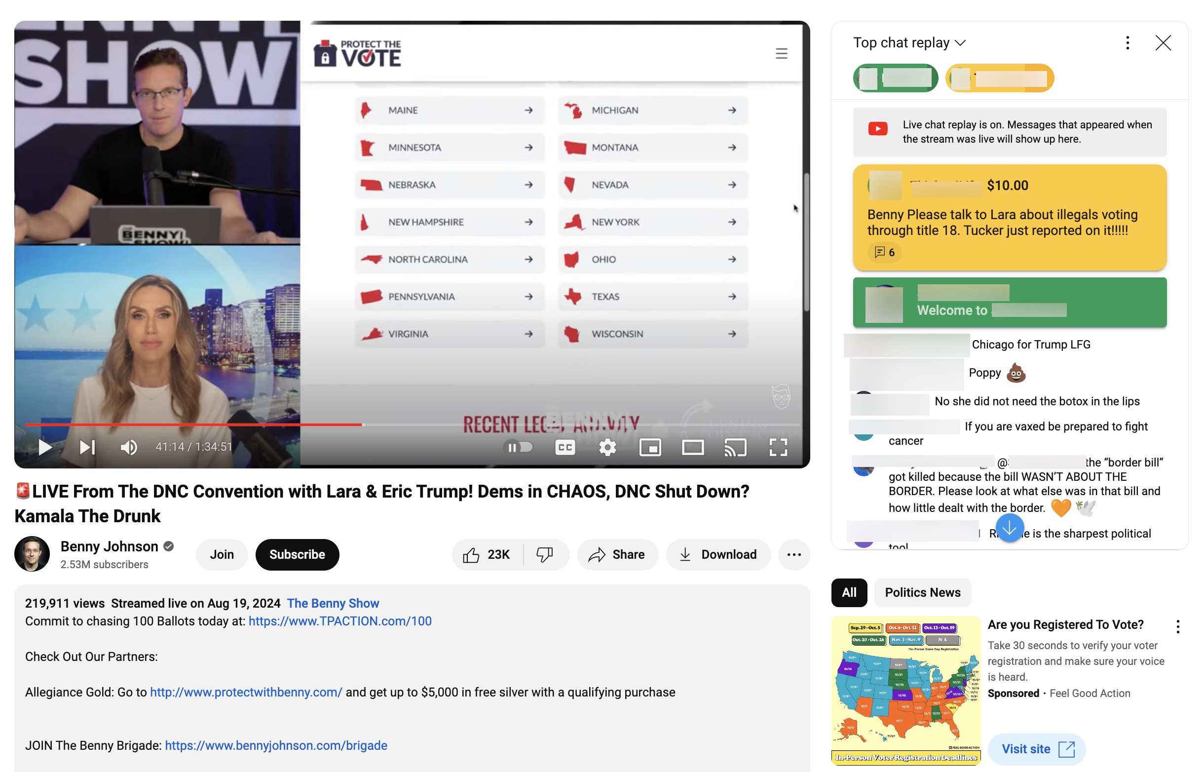 Benny Johnson YouTube video monetized via Super Chats