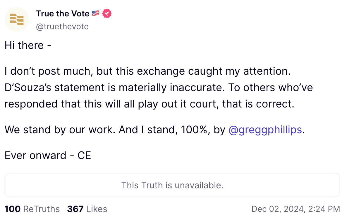 True the Vote D'Souza 2000 Mules statement response post