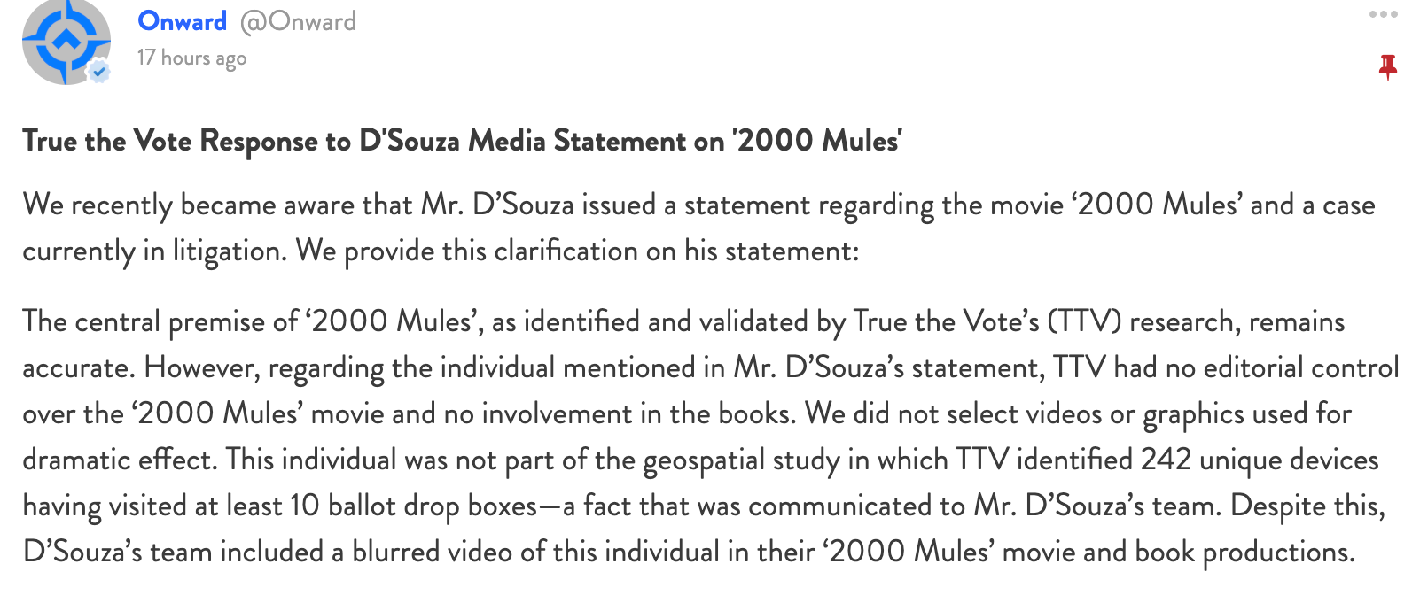True the Vote D'Souza 2000 Mules statement response post2