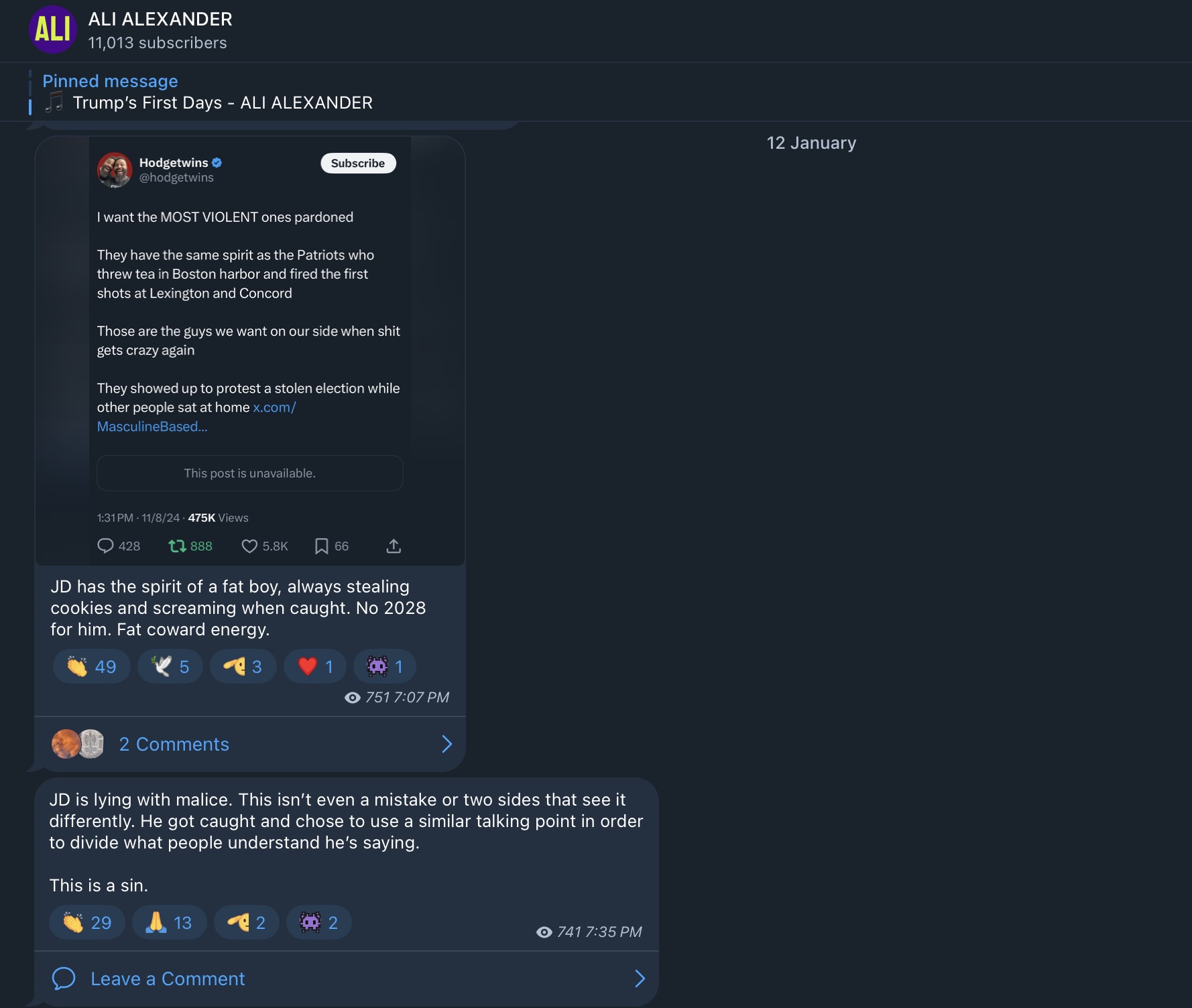 Ali Alexander's post on Telegram reading: "JD has the spirit of a fat boy, always stealing cookies and screaming when caught. No 2028 for him. Fat coward energy." and "JD is lying with malice. This isn’t even a mistake or two sides that see it differently. He got caught and chose to use a similar talking point in order to divide what people understand he’s saying.   This is a sin."