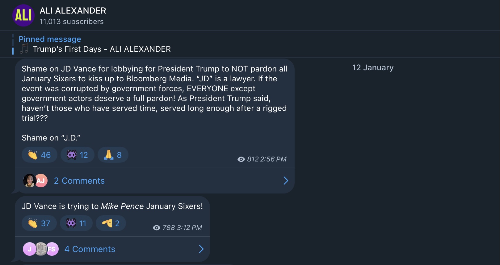 Post by Ali Alexander on telegram reading: "Shame on JD Vance for lobbying for President Trump to NOT pardon all January Sixers to kiss up to Bloomberg Media. “JD” is a lawyer. If the event was corrupted by government forces, EVERYONE except government actors deserve a full pardon! As President Trump said, haven’t those who have served time, served long enough after a rigged trial???  Shame on “J.D.”" and "JD Vance is trying to Mike Pence January Sixers!"