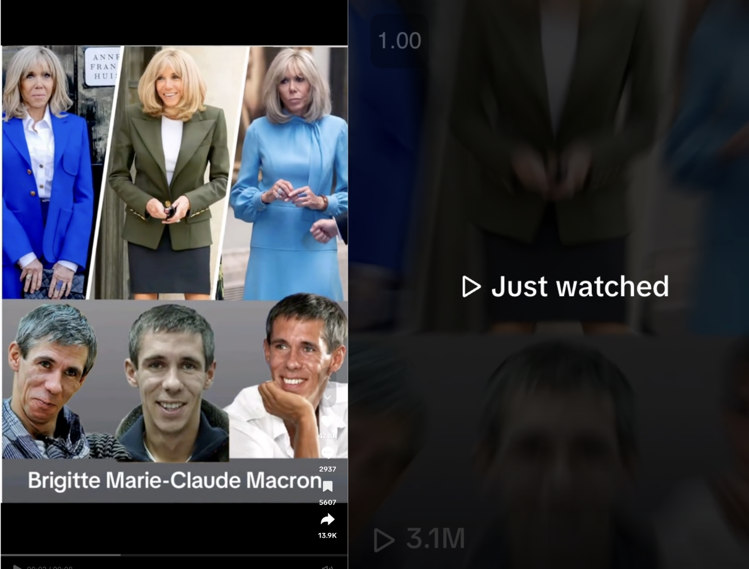 Meme comparing pictures of Brigitte Macron with pictures of her brother, Jean-Michel Trogneux.