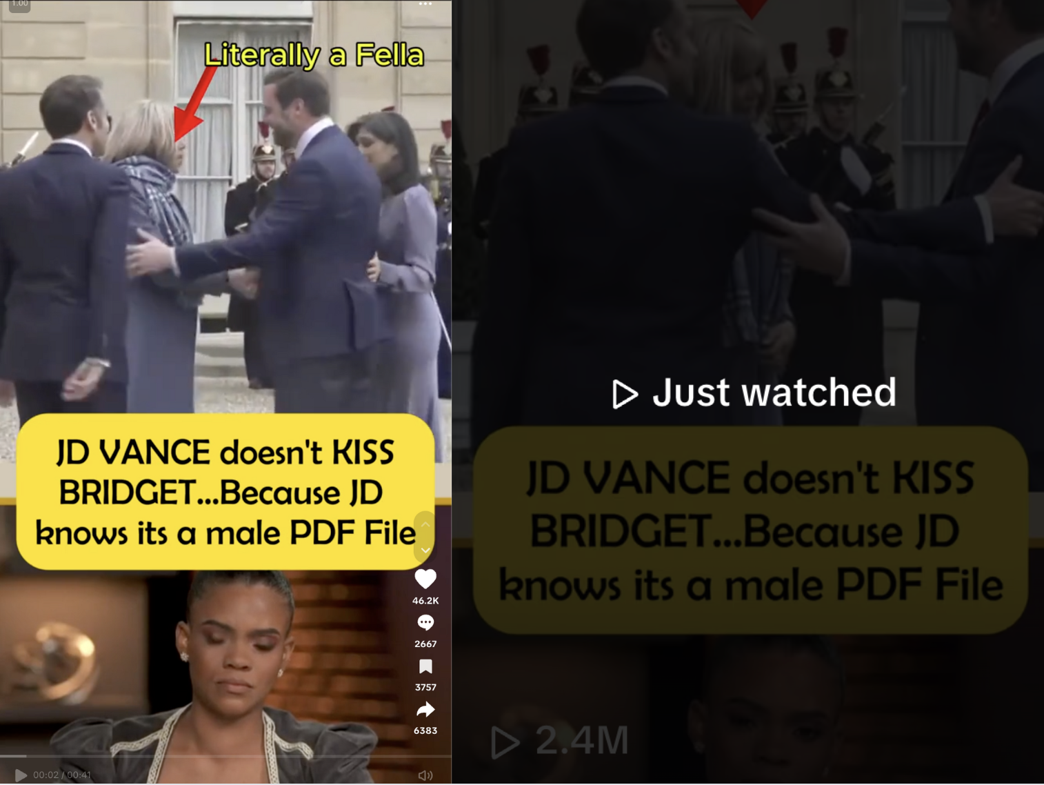“JD VANCE doesn’t KISS BRIDGET…Becayse JD knows its a male PDF File” (“PDF File” is TikTok-speak for pedophile). 