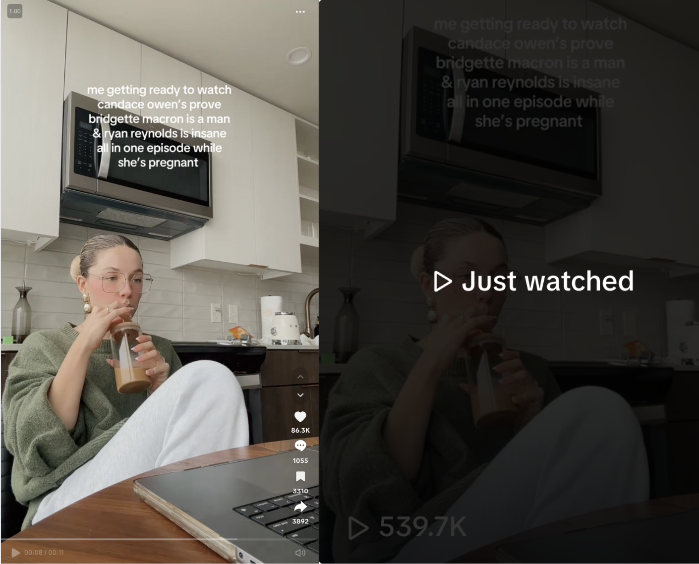  “Me getting ready to watch candace owens prove bridgette macron is a man & ryan reynolds is insane all in one episode while she’s pregnant,”