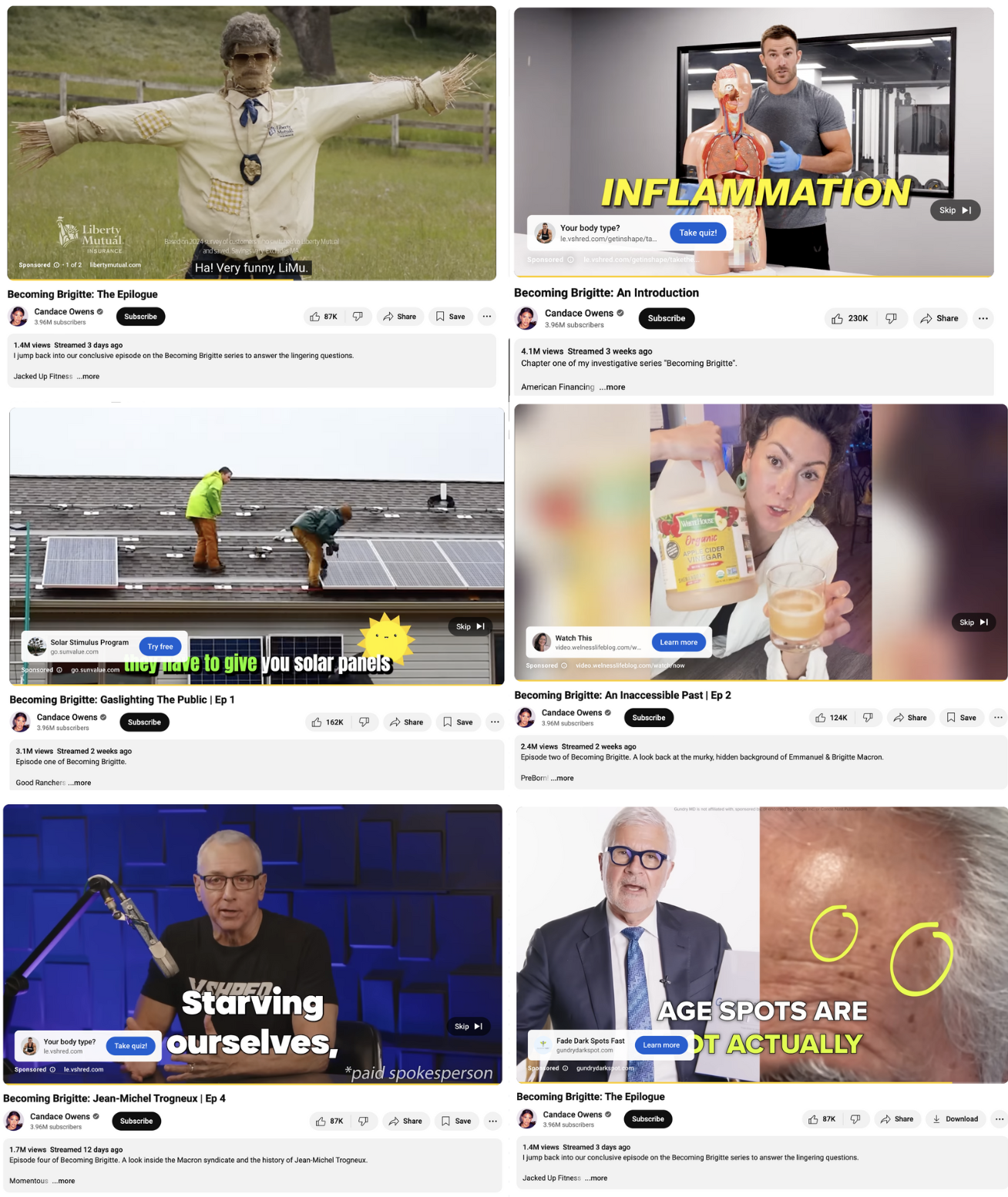 Ads running at the start of Owens' videos indicate these videos are monetized