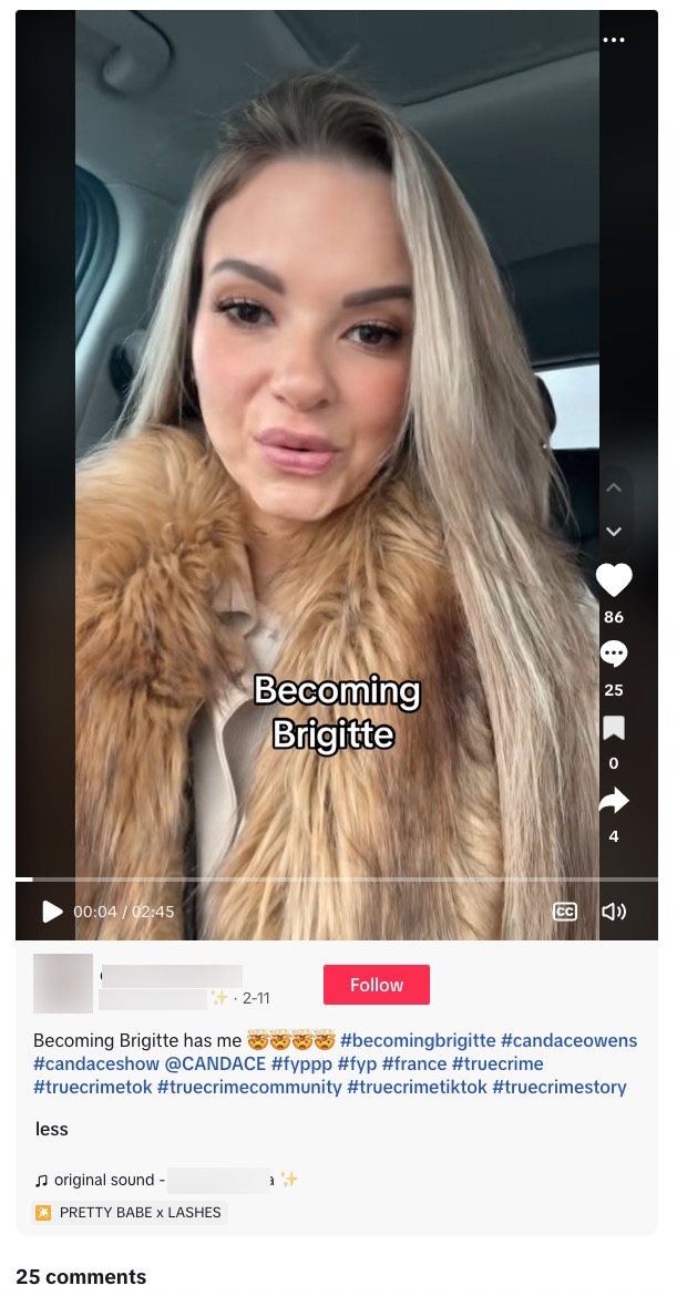 TikTok about Becoming Brigitte with the hashtags “truecrime,” “truecrimetok,” “truecrimecommunity,” “truecrimetiktok,” and “truecrimestory"