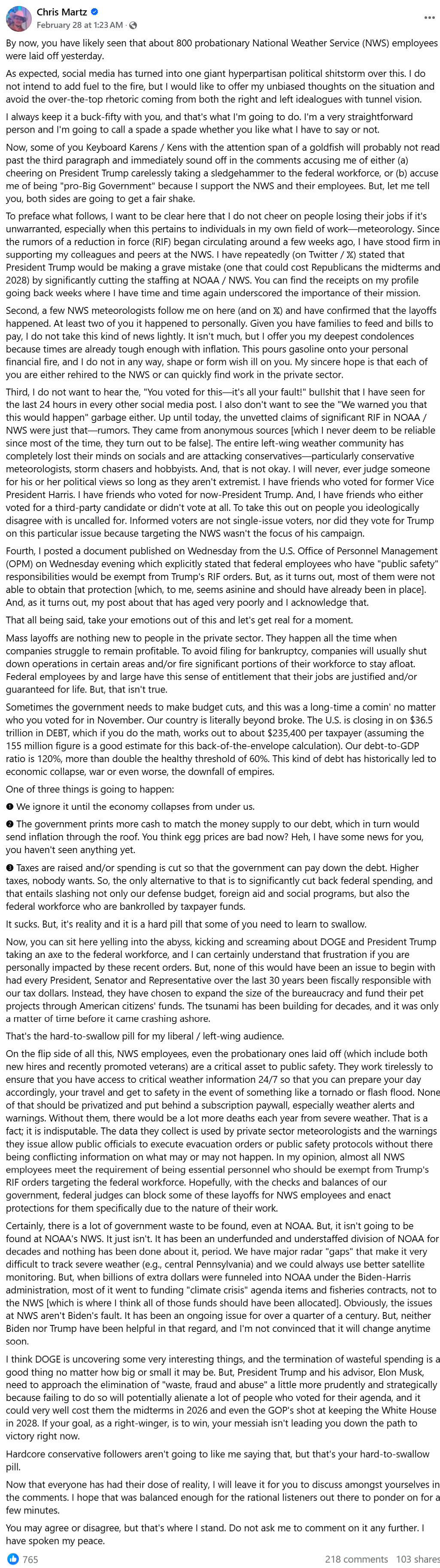 Chriz Martz on NOAA & NWS layoffs 
