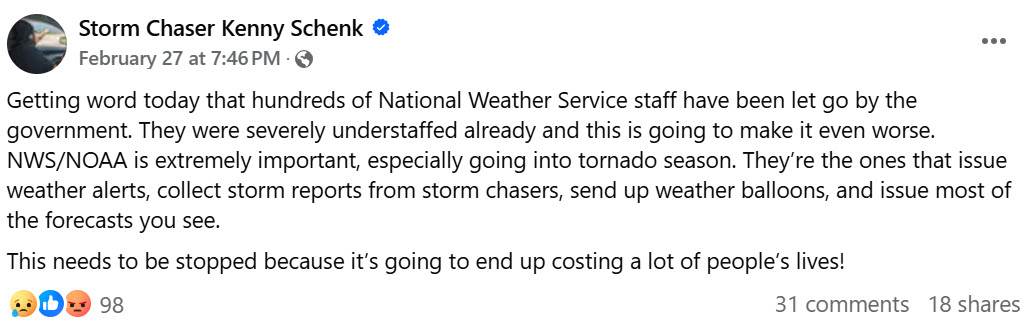 Storm chaser Kenny Schenk says NOAA is "extremely important"