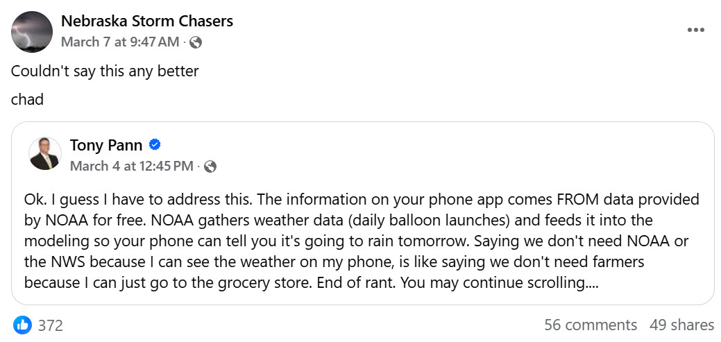 Chad Alcares of Nebraska Storm Chasers attacks NOAA layoffs 