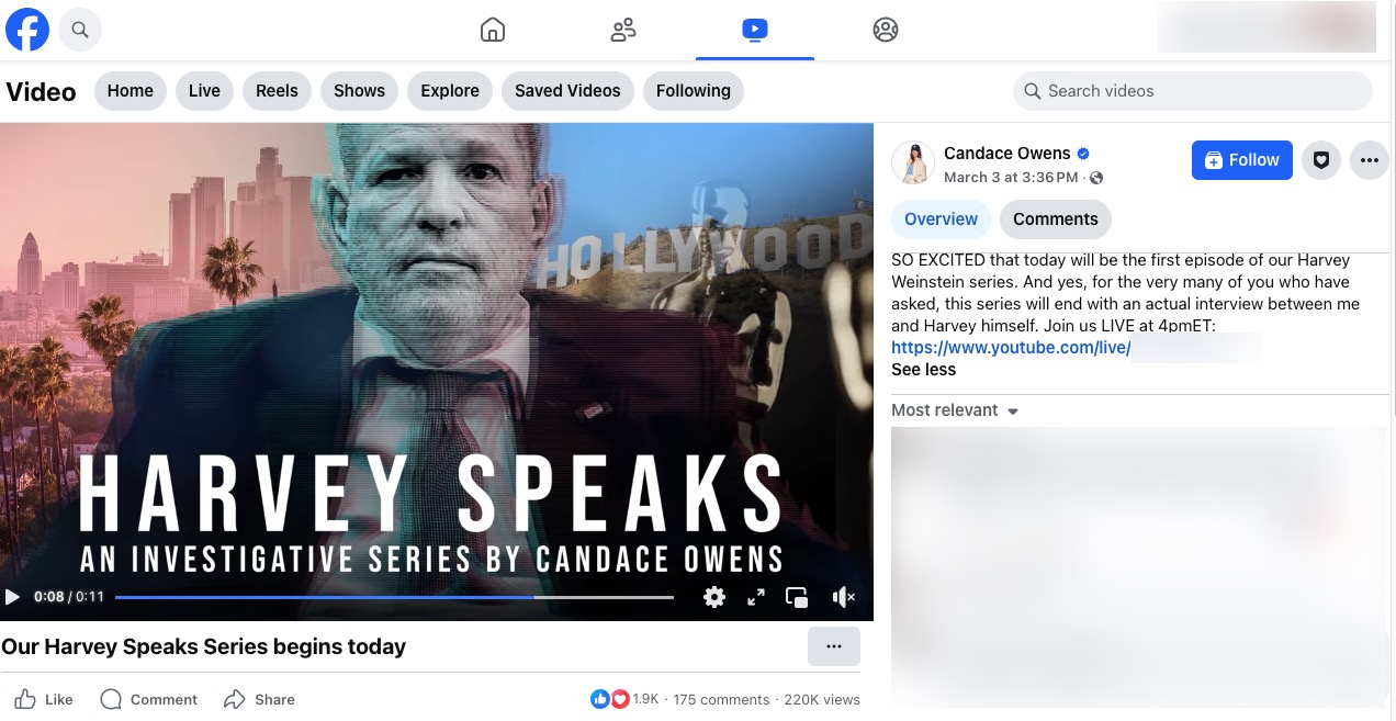 Facebook post previewing Candace Owens' Harvey Speaks series