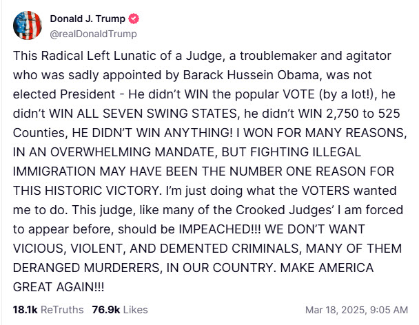 Post from Trump's Truth Social account that in part reads: "This Radical Left Lunatic of a Judge, a troublemaker and agitator who was sadly appointed by Barack Hussein Obama, was not elected President" 