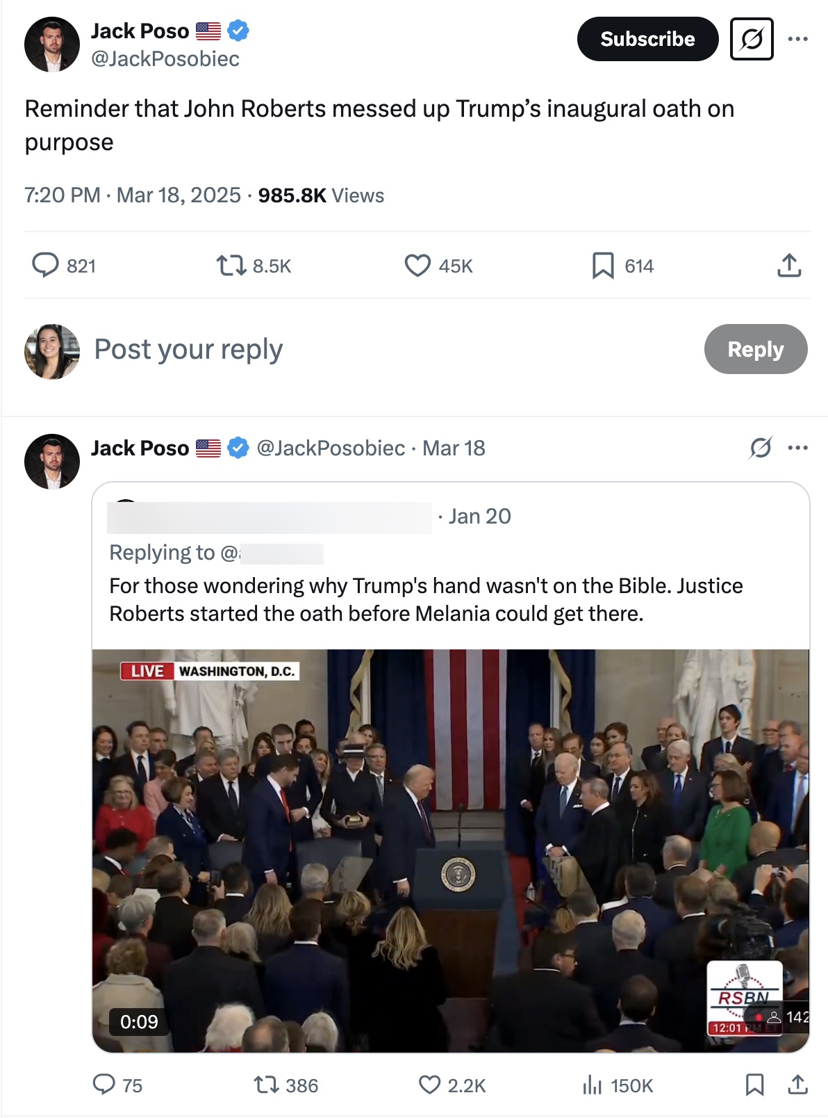 Posobiec: "Reminder that John Roberts messed up Trump’s inaugural oath on purpose"