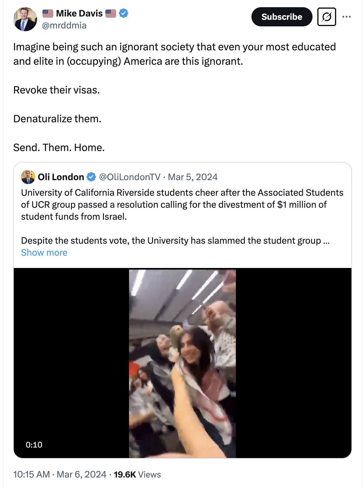 Imagine being such an ignorant society that even your most educated and elite in (occupying) America are this ignorant.  Revoke their visas.  Denaturalize them.  Send. Them. Home.