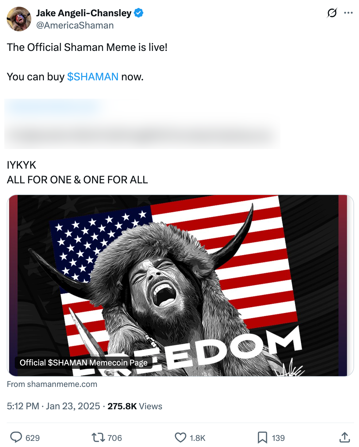 Chansley coin announcement post