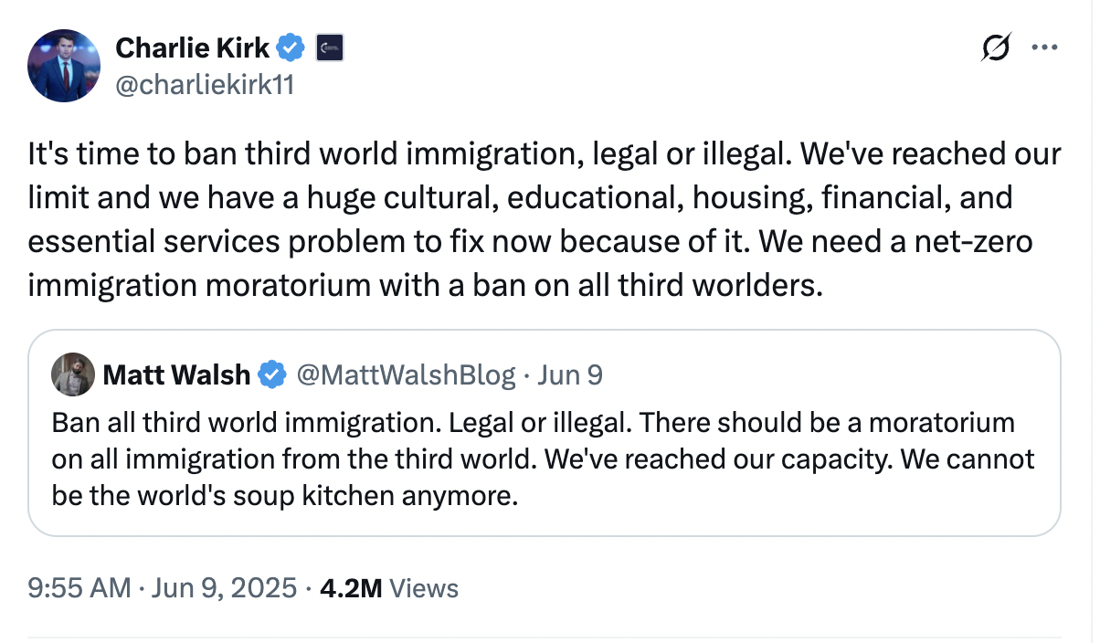 It's time to ban third world immigration, legal or illegal. We've reached our limit and we have a huge cultural, educational, housing, financial, and essential services problem to fix now because of it. We need a net-zero immigration moratorium with a ban on all third worlders.