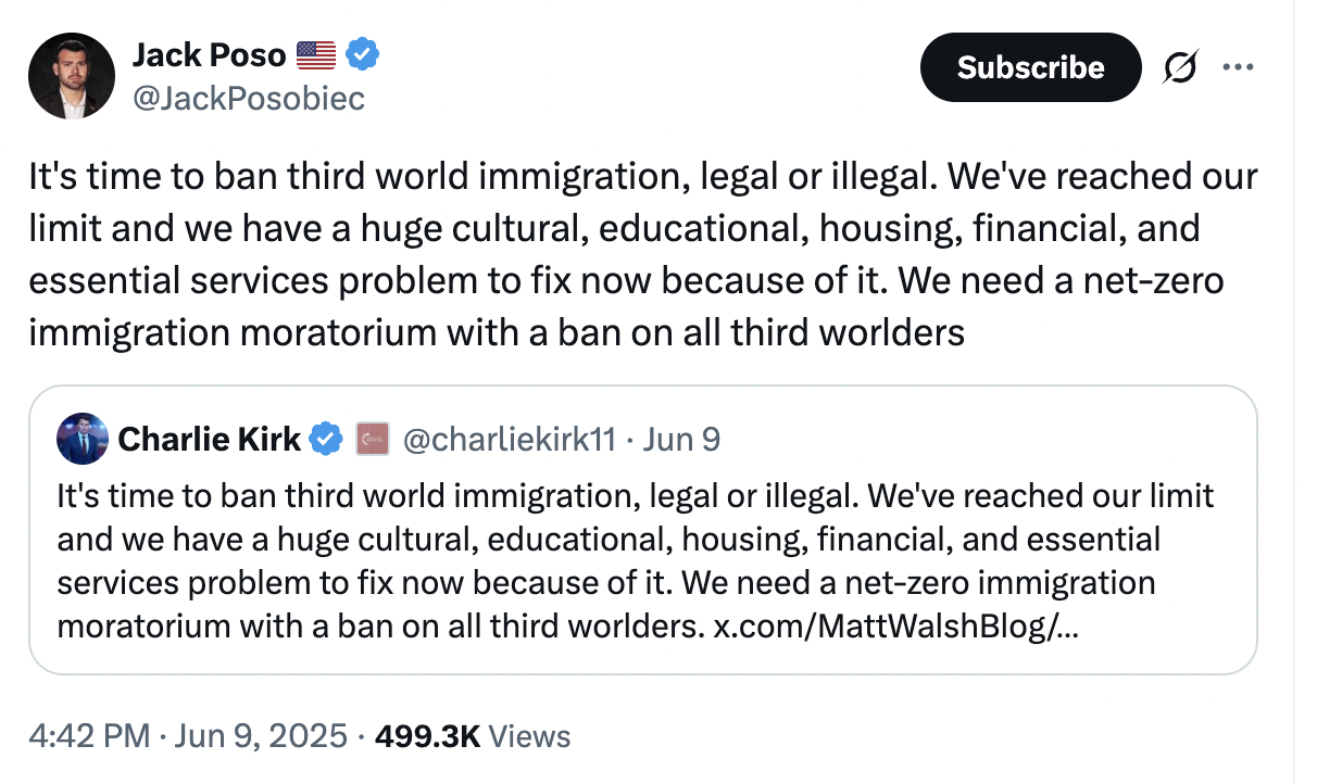 It's time to ban third world immigration, legal or illegal. We've reached our limit and we have a huge cultural, educational, housing, financial, and essential services problem to fix now because of it. We need a net-zero immigration moratorium with a ban on all third worlders