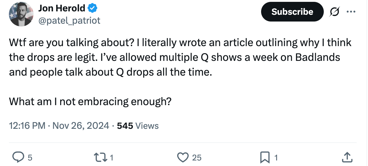 Patel Patriot Q tweet