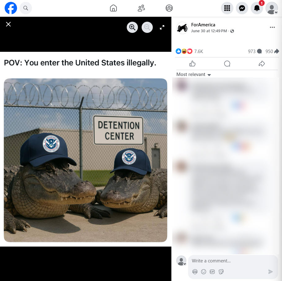 facebook Ai post of alligators with ICE hats 
