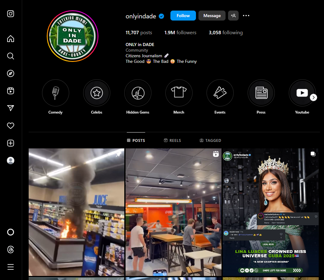 Screenshot of the Instagram account, OnlyInDade, with 1.9 million followers 