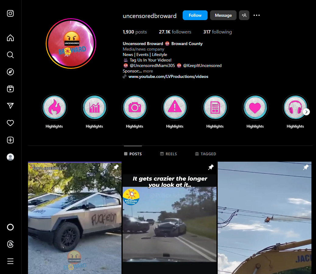 Screenshot of uncensoredbroward's account showing 27.1K followers