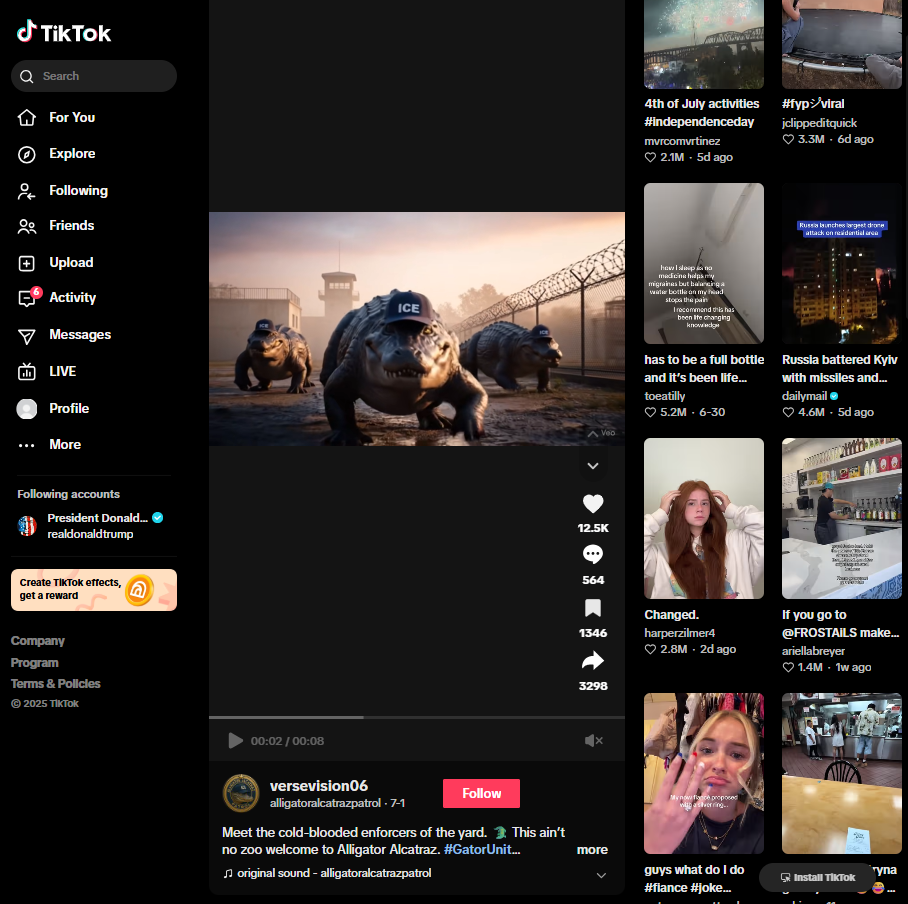 An AI video of alligators walking towards the camera, wearing ICE hats