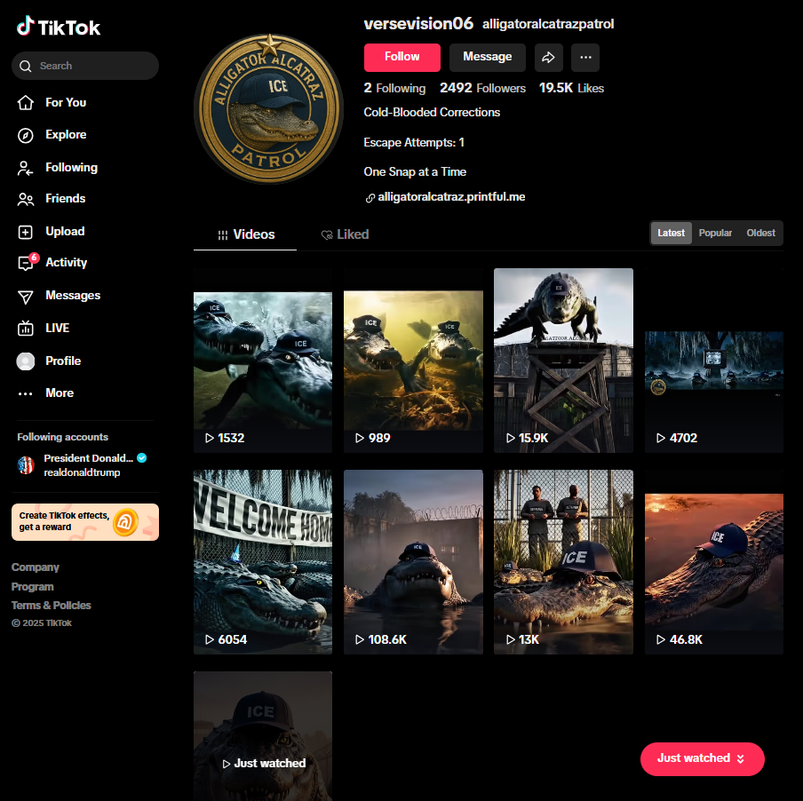 Screenshot of a tiktok account devoted to AI videos of alligators as ICE agents 