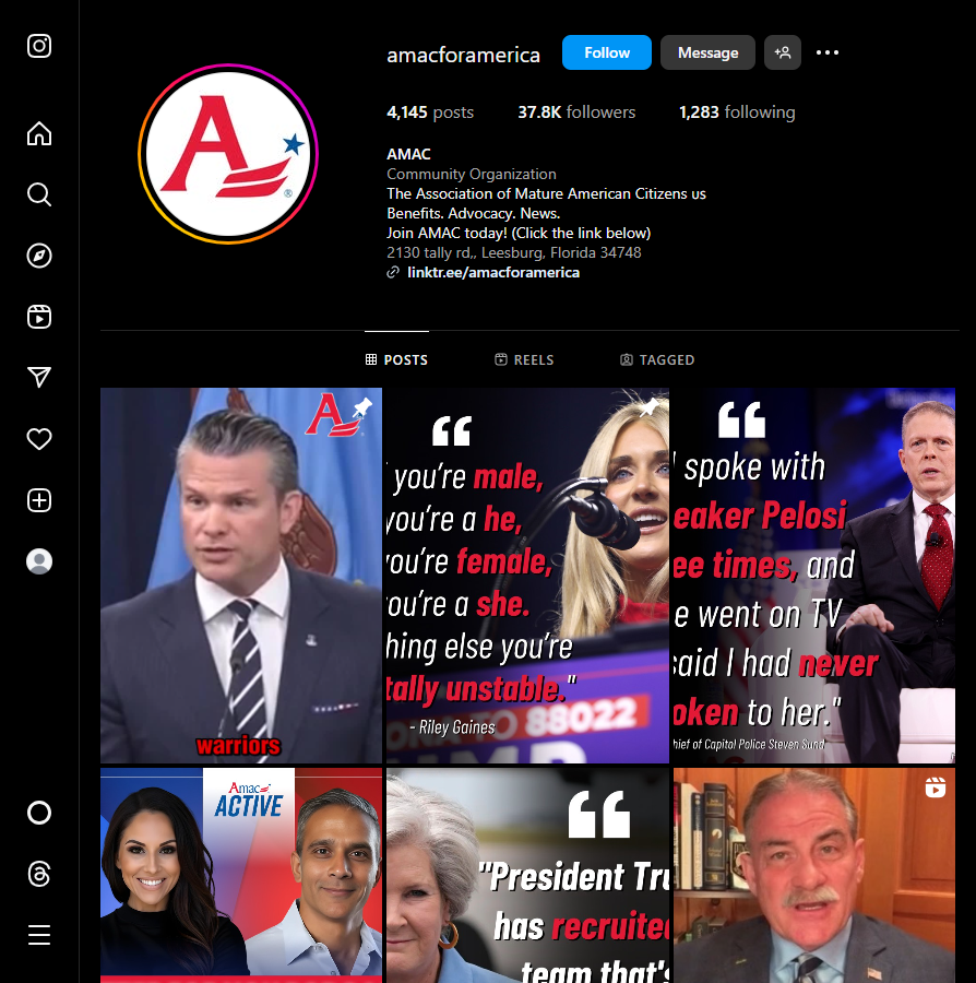 screenshot of AMAC for America's instagram page with 37.8K followers