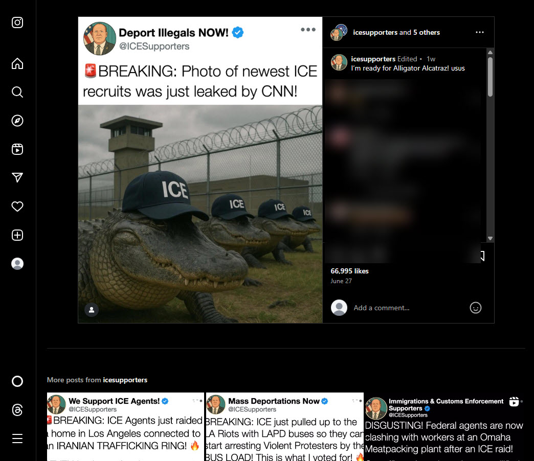 ICE Supporters instagram with AI post with over 66K likes