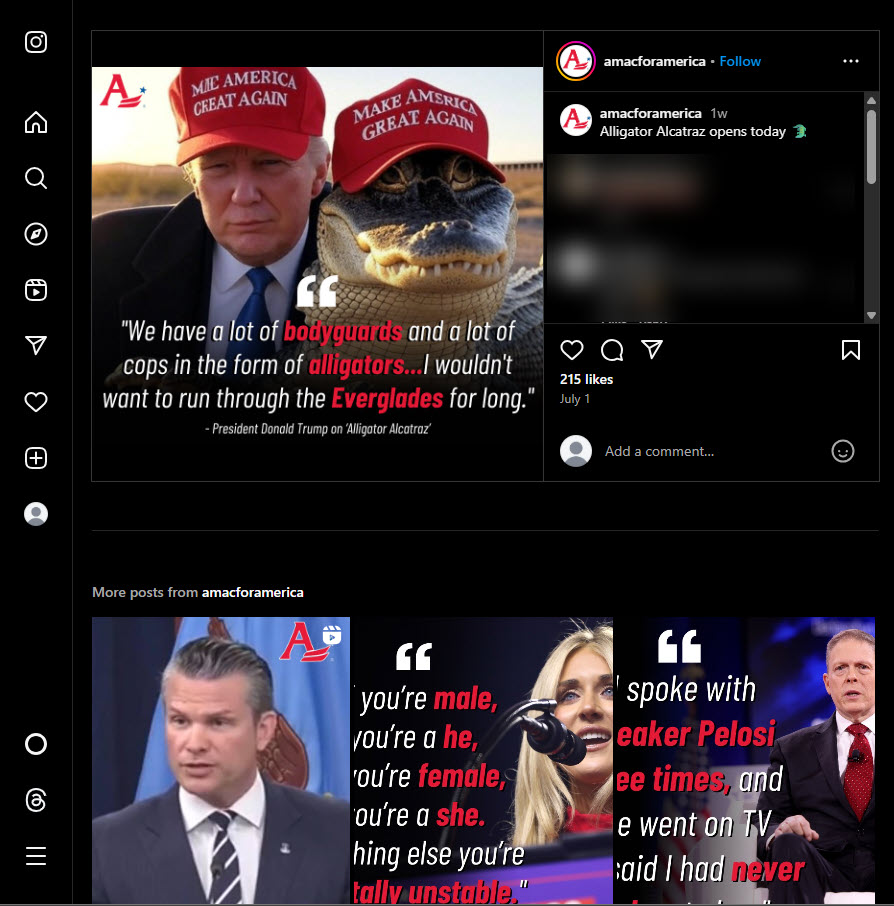 AMAC for America AI instagram post of Trump and an Alligator wearing MAGA hats
