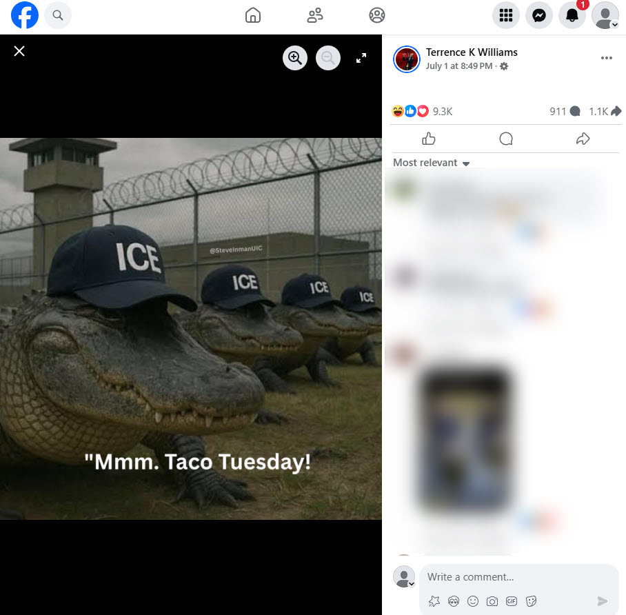 AI photo of the alligators with ICE hats, with the caption: “Mmm. Taco Tuesday.”