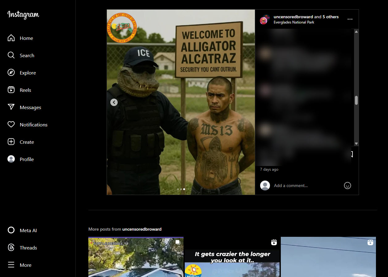 Screenshot of an AI post on instagram from Uncensoredbroward 