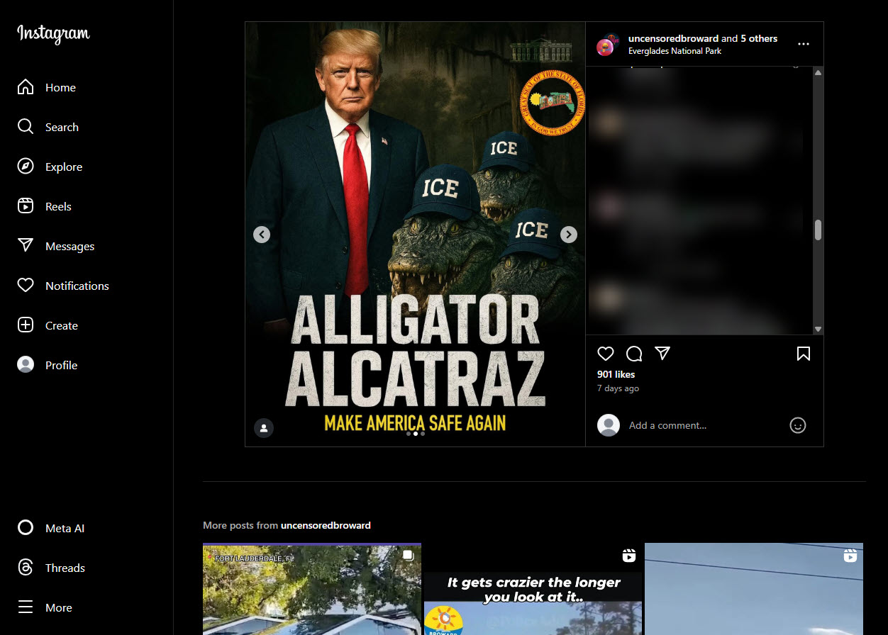 Screenshot of an Ai post from instagram of Trump standing next to alligators wearing ICE hats 