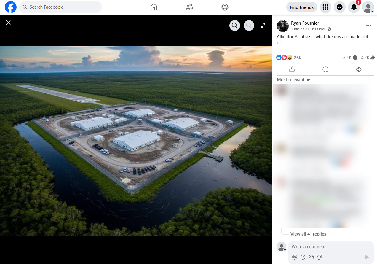 Students for Trump founder Ryan Fournier also posted the seemingly AI-generated image of the facility with the caption: “Alligator Alcatraz is what dreams are made out of.” His post received 26,000 likes.