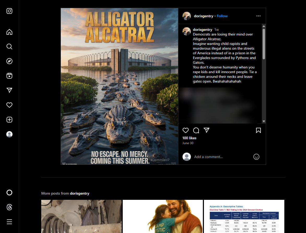 Screenshot of an Ai image on instagram of alligators swimming in front of a prison with the words: "No escape. No mercy. Coming this Summer." 