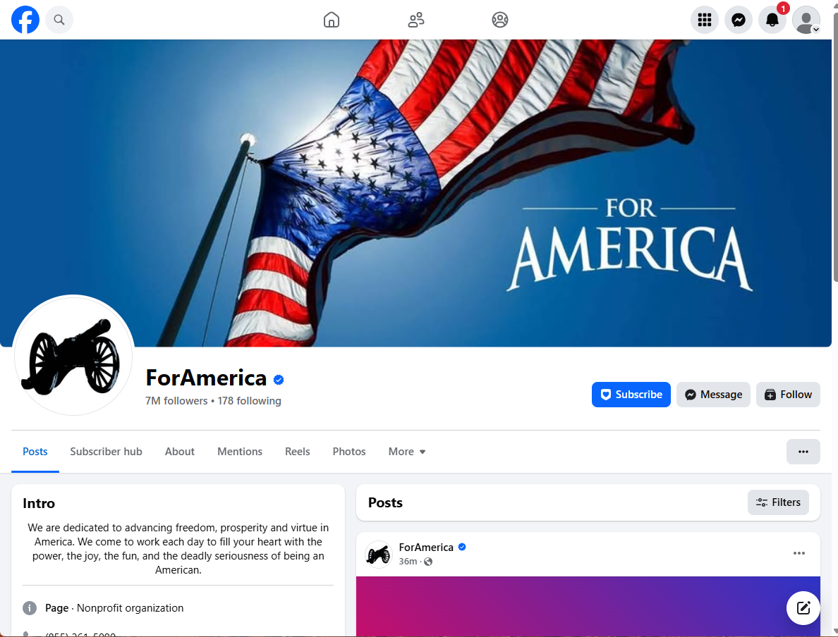 Screenshot of the Facebook Page For America, with 7 million followers