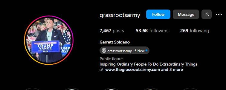 Screenshot of the Grassroots Army Insta page of Garrett Soldano 