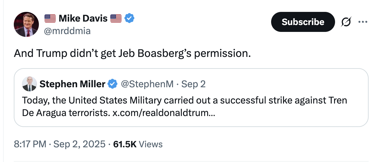 Mike Davis tweet reads: "And Trump didn’t get Jeb Boasberg’s permission."