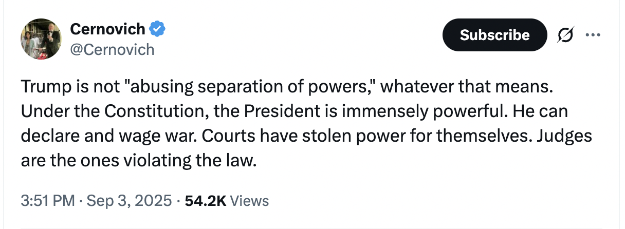 Trump is not "abusing separation of powers," whatever that means. Under the Constitution, the President is immensely powerful. He can declare and wage war. Courts have stolen power for themselves. Judges are the ones violating the law.
