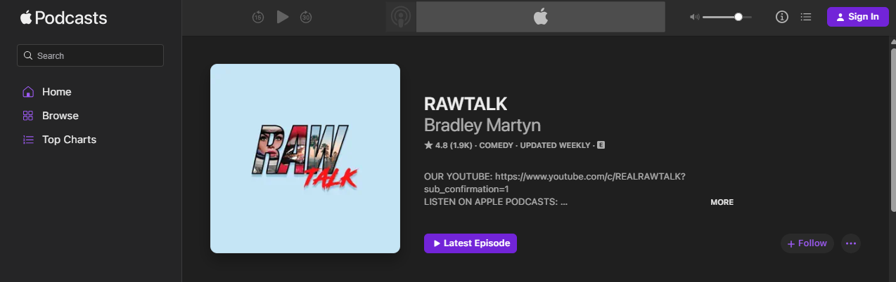 Screenshot of Bradley Martyn's podcast Raw Talk on Apple with the "Comedy" label