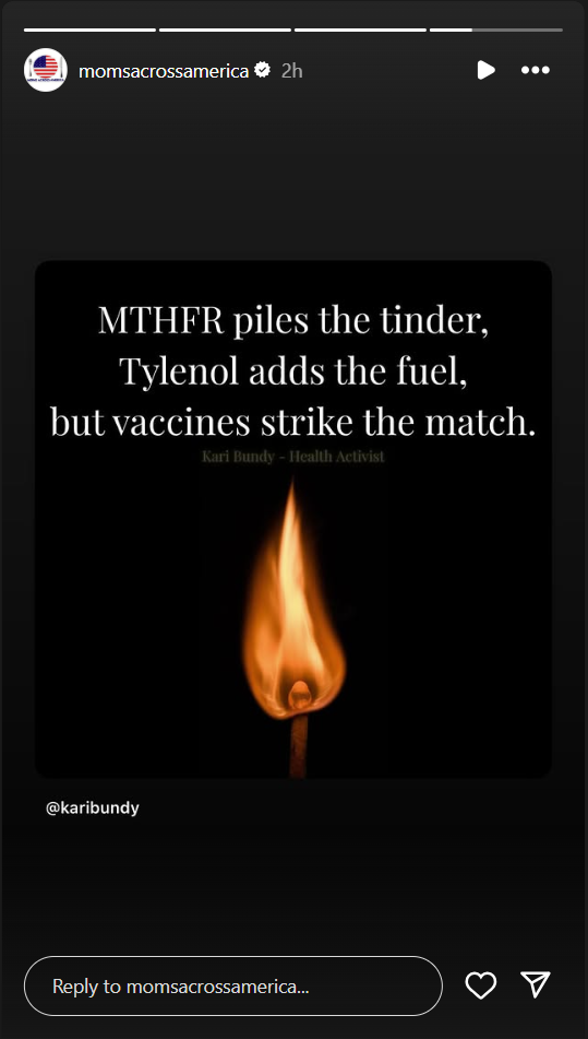 Screenshot of graphic posted to Moms Across America's Instagram story, reading "MTHFR piles the tinder, Tylenol adds the fuel, but vaccines strike the match"