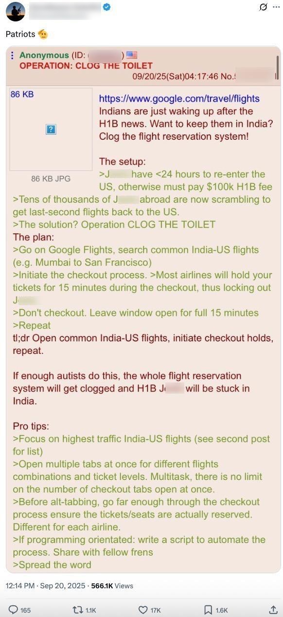 Social media post 4chan H1B campaign2