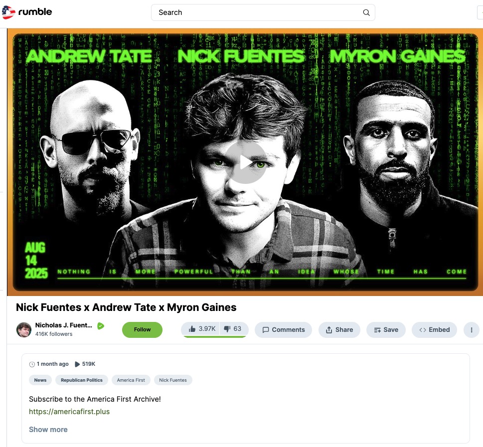 Screenshot of Fuentes' rumble upload of his conversation with Myron Gaines and Andrew Tate, as of 10/2/25