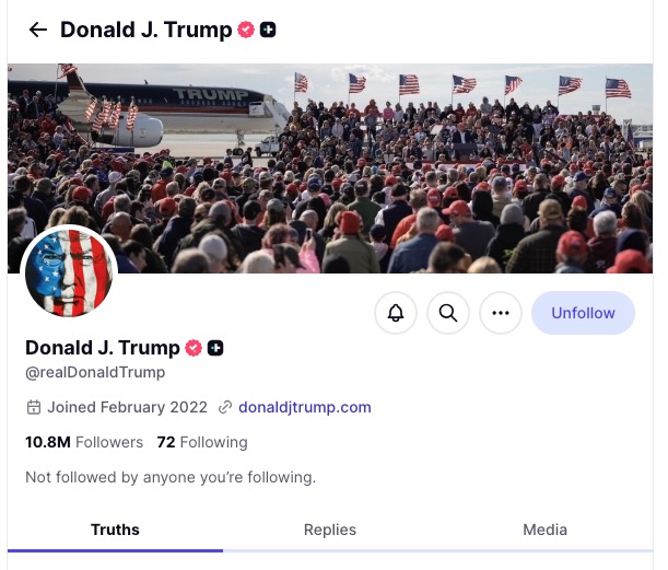 Trump's truth social account showing 10.8 million followers as of 9-30-25