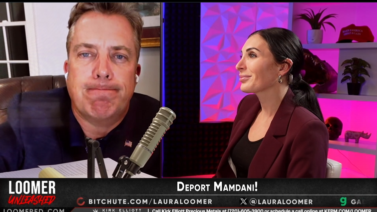 Laura Loomer and Rep. Andy Ogles with the chyron "Deport Mamdani!"