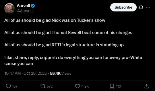 Post by Aarvol reading: "All of us should be glad Nick was on Tucker's show... Like, share, reply, support: do everything you can for every pro-White cause you can"