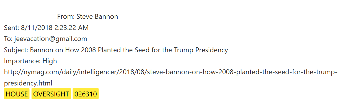 image of email from Steve Bannon to Jeffrey Epstein