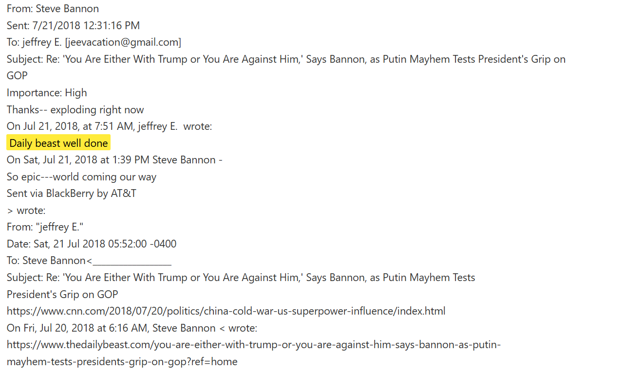 email exchange between Steve Bannon and Jeffrey Epstein