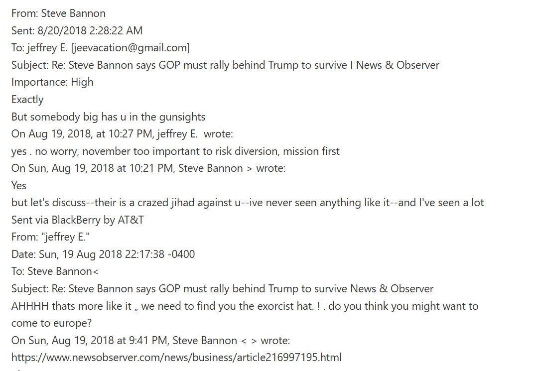 email exchange between Steve Bannon and Jeffrey Epstein